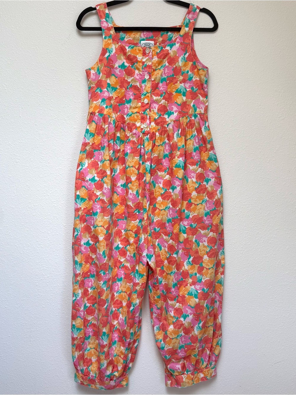 Vintage 80s Laura Ashley Pink Floral Cotton Jumpsuit Balloon Leg Small